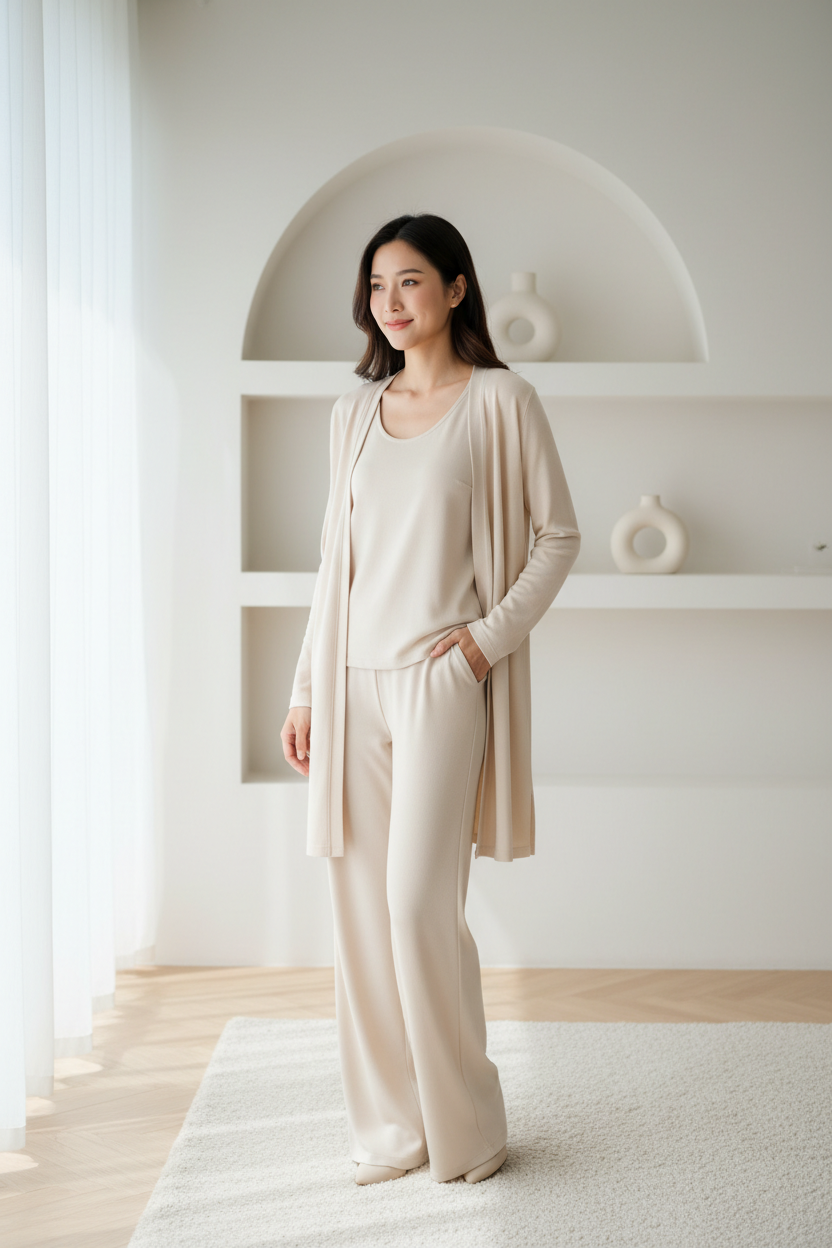 Ensemble 3 pièces femme cardigan, top sans manches et pantalon large – style chic et décontracté